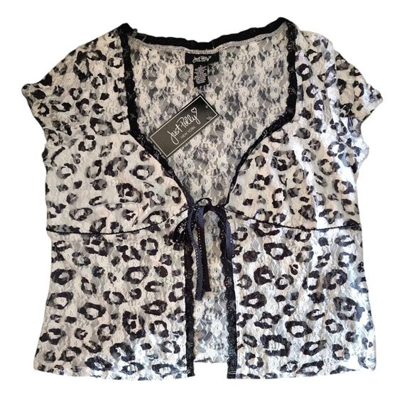 Just Polly White Black Animal Print Short Sleeve Tie Front Lace Top Large NWT - Picture 1 of 10